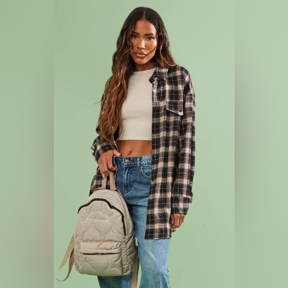 PRETTYLITTLETHING-Chocolate Checked Pocket Detail Oversized Shirt
